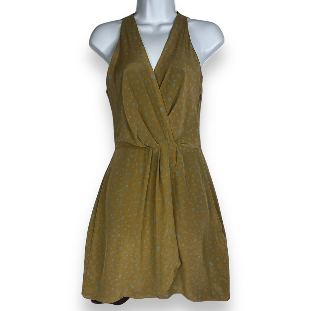 Hunter Dixon New York Dress Silk Faux Wrap Gold Teal Polka Dot Mini Lined Size 2